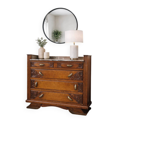 Commode Art Déco, plateau marbre, chêne massif, coiffeuse
