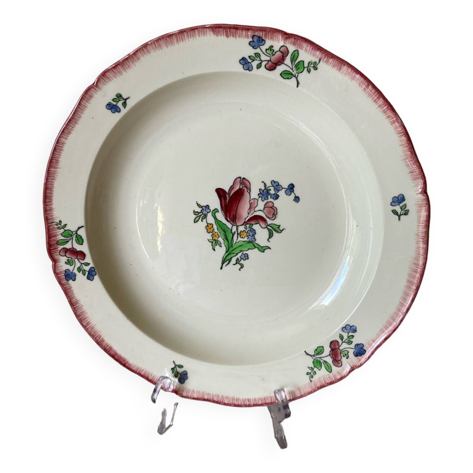 Round dish in Gien Earthenware, handmade Lorraine decor, 31 cm