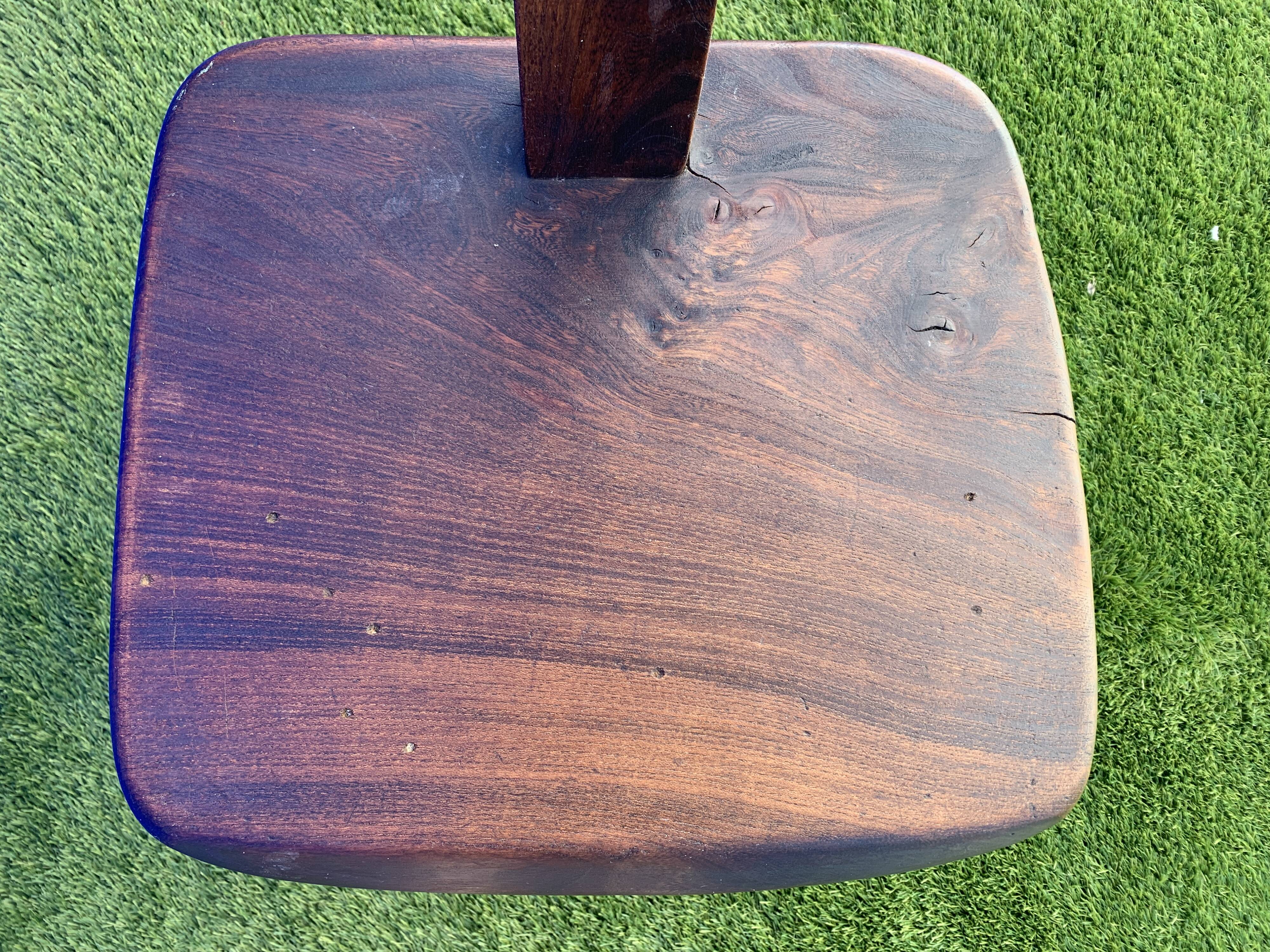 Pair of brutalist T-shaped chairs, solid Aranjou elm, design Olavi Hanninen, 1970