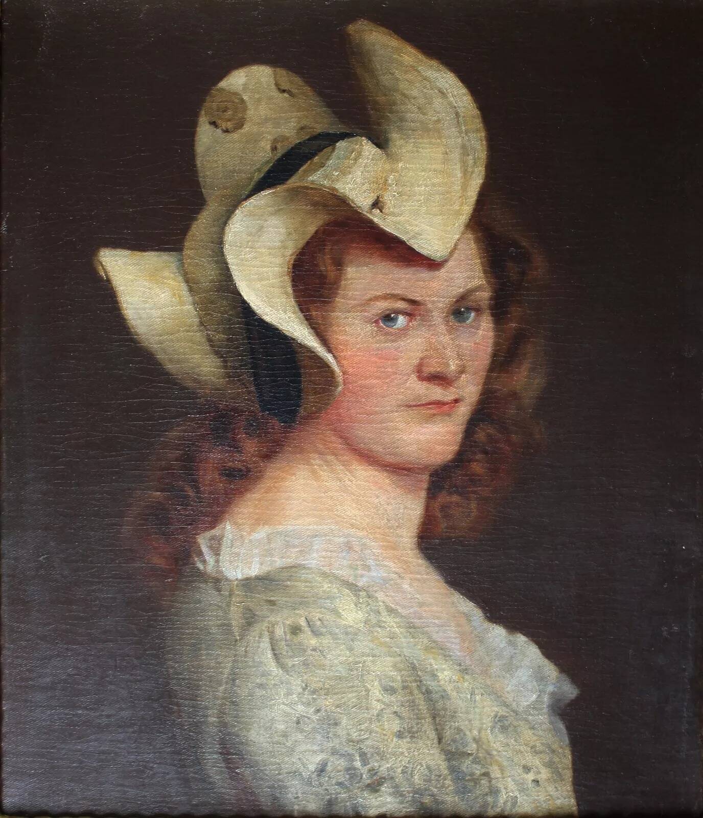 19th Century Portrait of a Lady in a Hat Oil Painting, Framed
