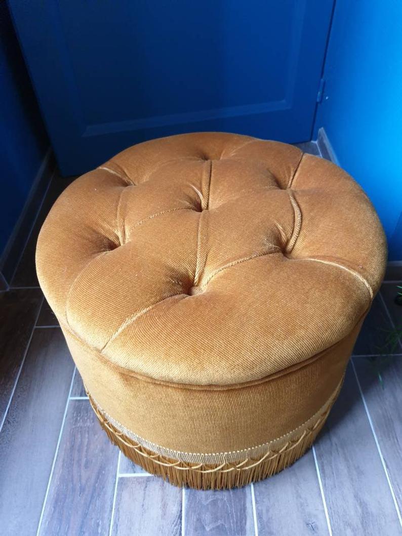 Old golden camel velvet pouf art deco style