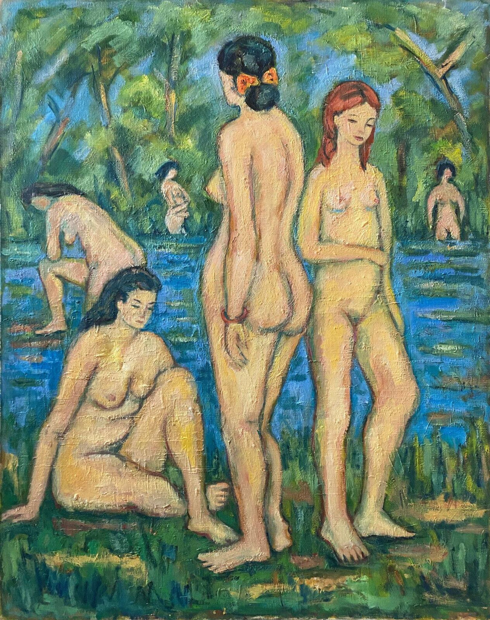 Large painting hst "baigneuses" marcelle guetta-fattal (1922-2009) fauvism