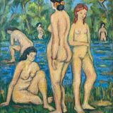 Large painting hst "baigneuses" marcelle guetta-fattal (1922-2009) fauvism