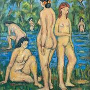 Large painting hst "baigneuses" marcelle guetta-fattal (1922-2009) fauvism