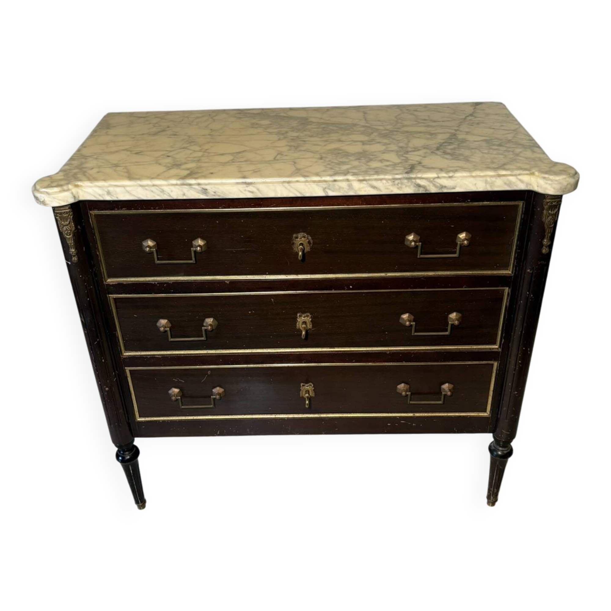 Louis XVI style 3-drawer chest of drawers, marble and gilded bronze