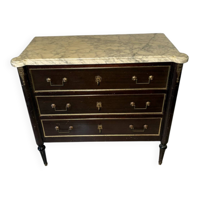 Commode 3 tiroirs de style Louis XVI, marbre et bronzes dorés