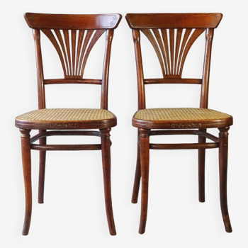 2 Thonet N°221 chairs, caned Art Nouveau bronze decor