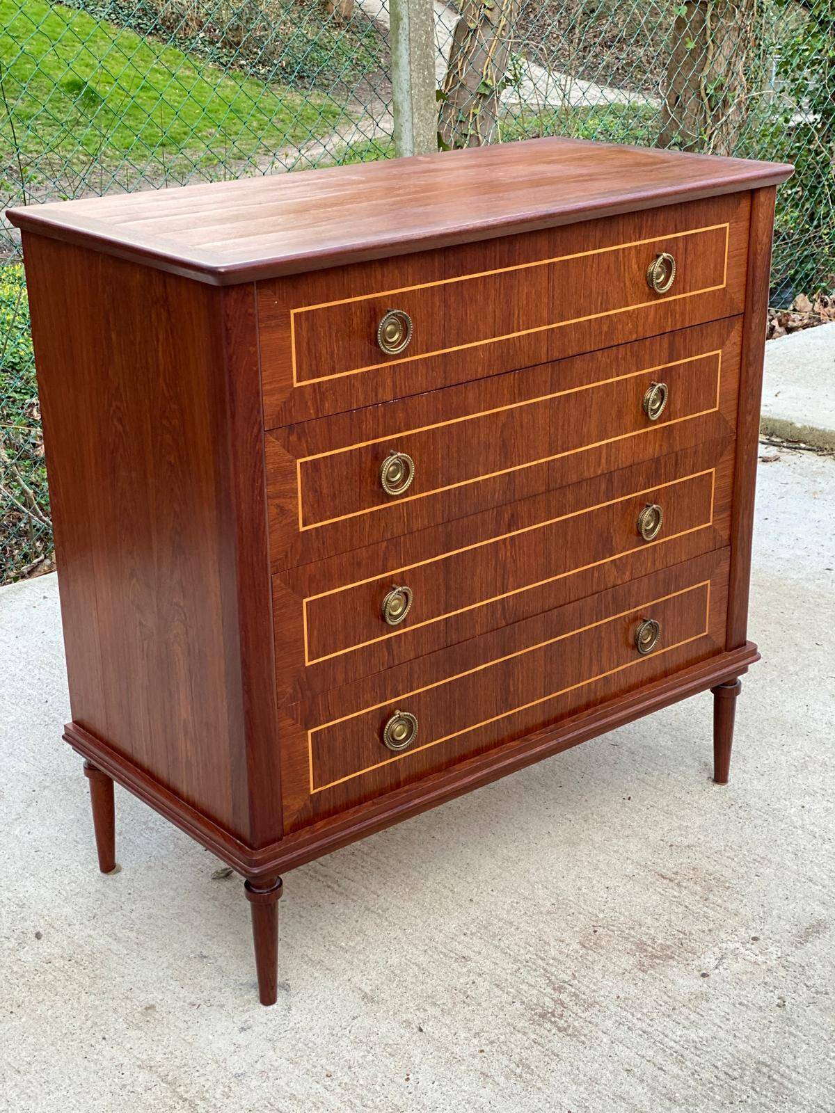 Louis XVI Empire style chest of drawers in solid teak wood with 4 drawers