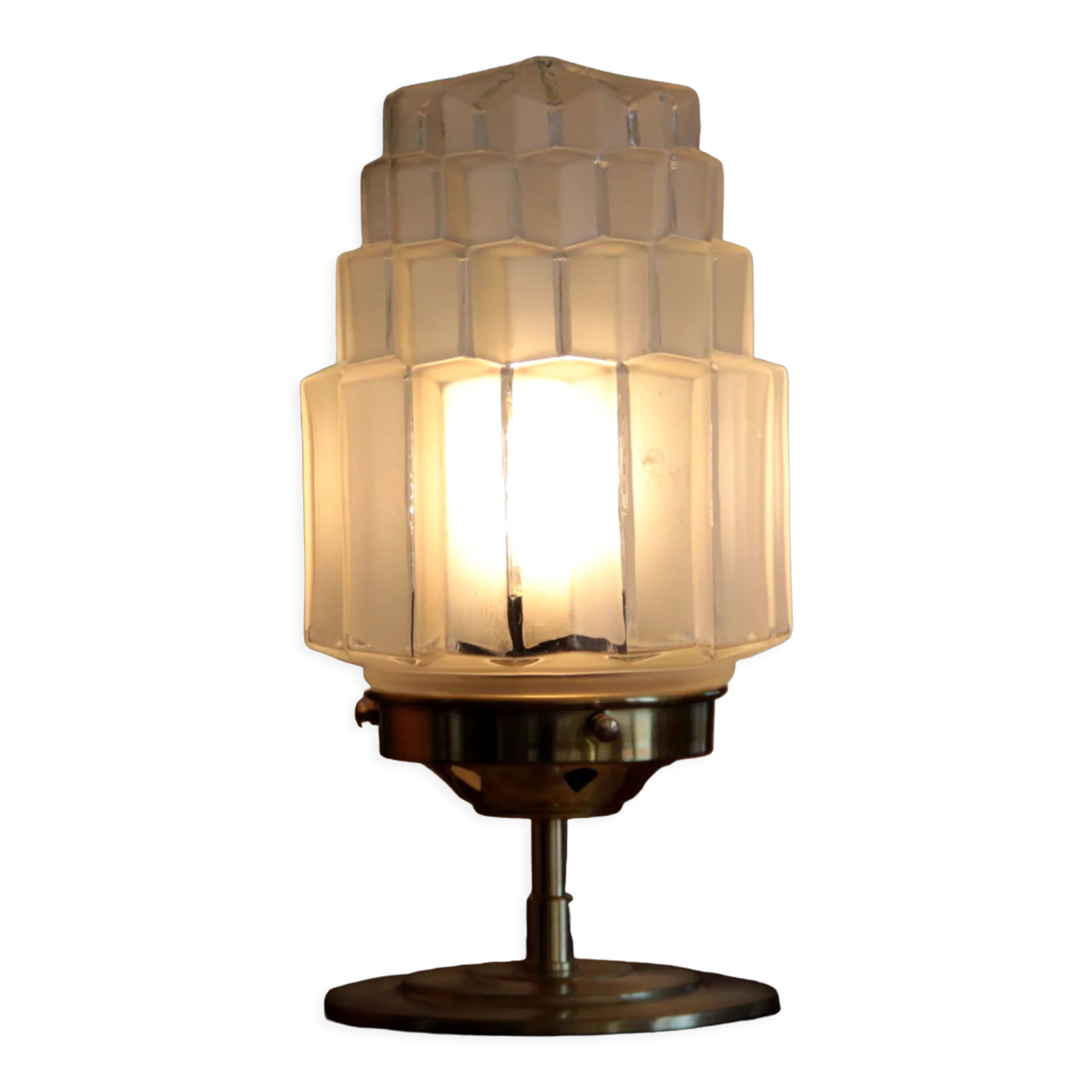 Table lamp in old glass art deco skyscraper and brass vintage bedside lamp