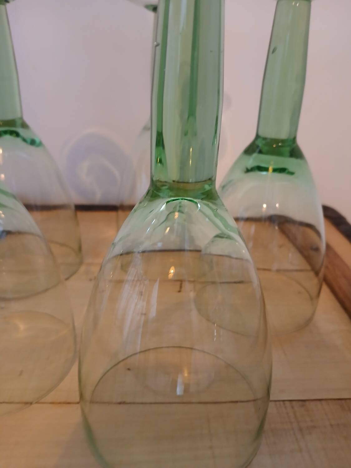 5 large green stemmed glasses