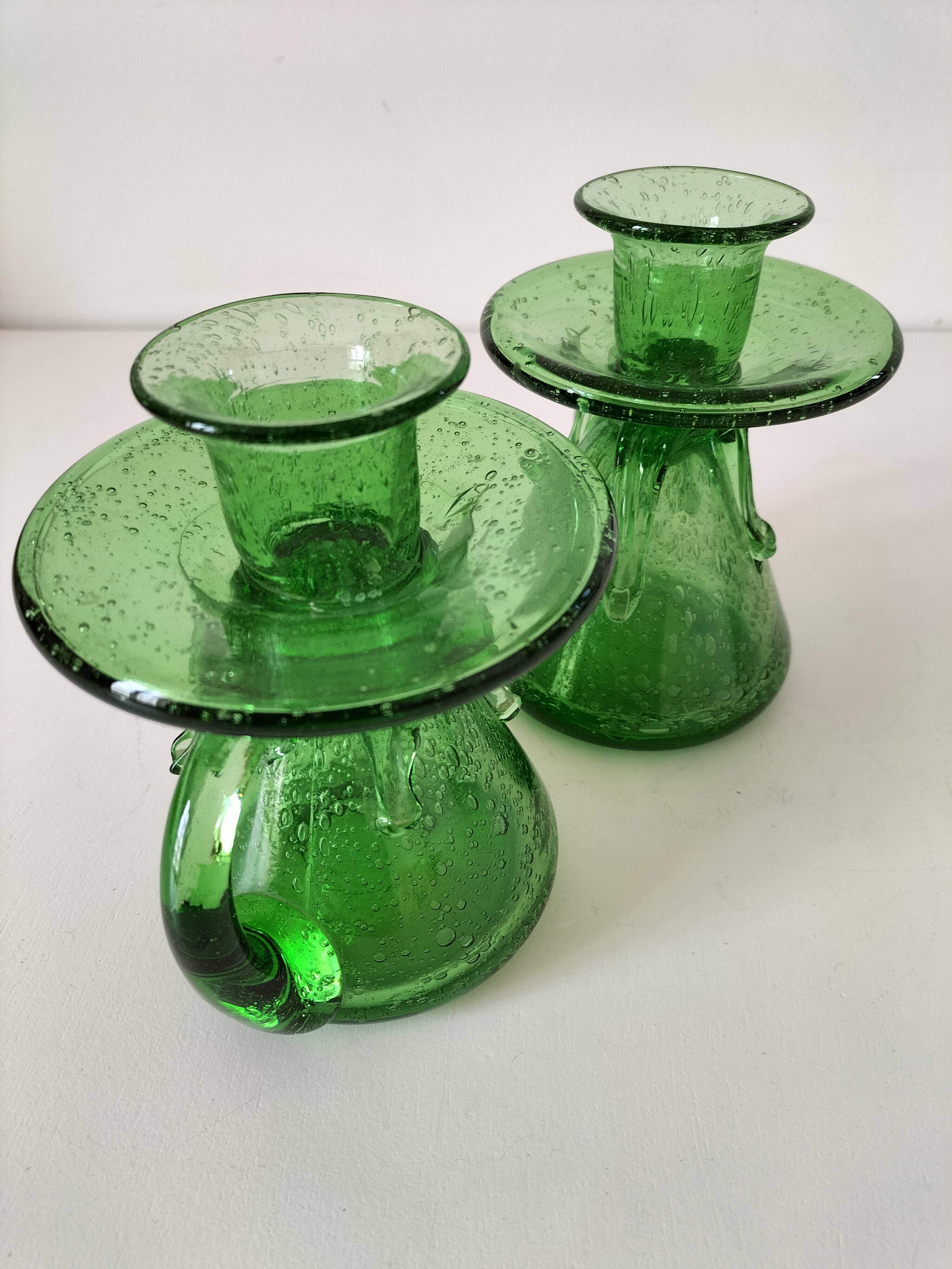 Duo de bougeoirs en verre bullé vert – Verrerie de Biot