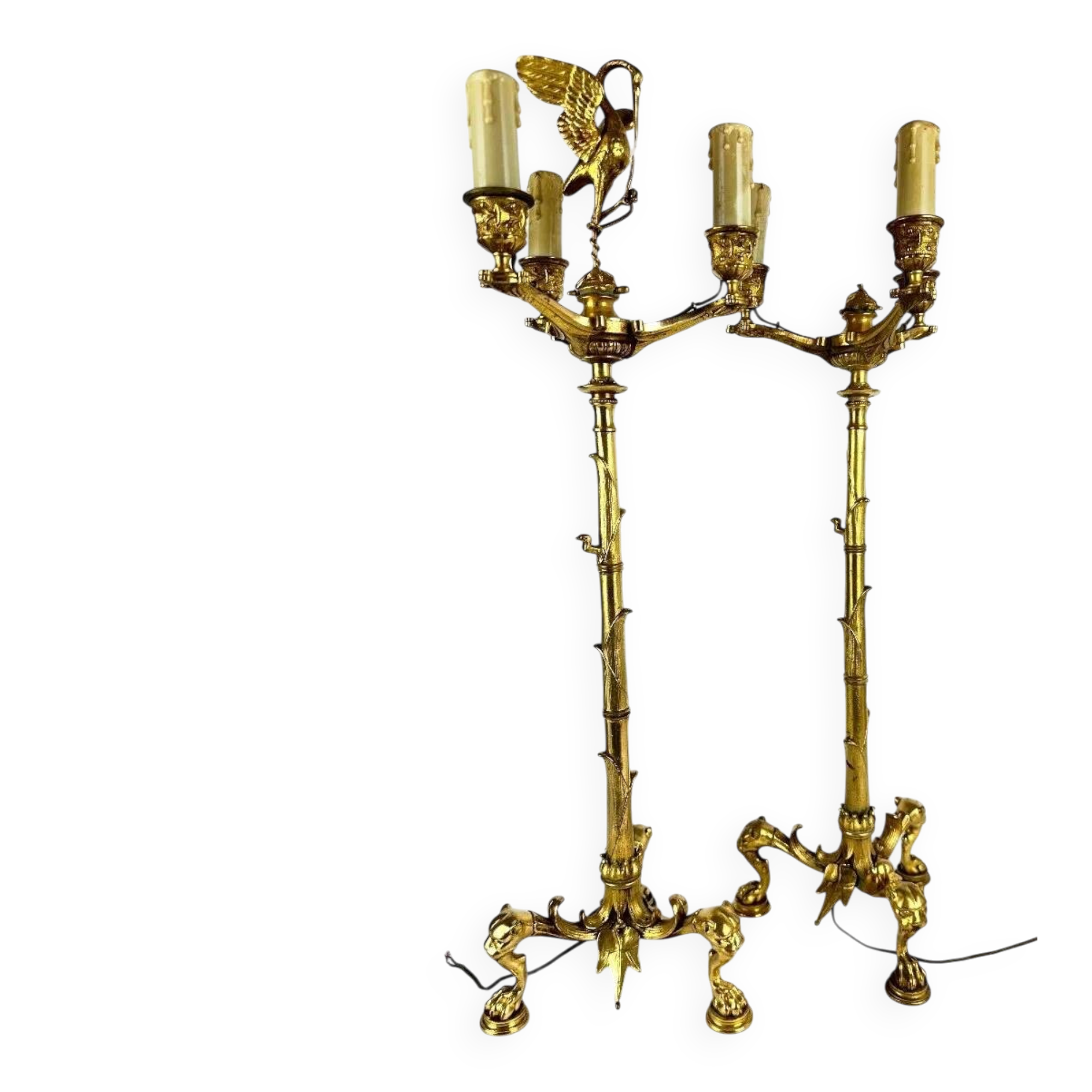 Pair of candelabra with a crane in gilded bronze, bamboo model.