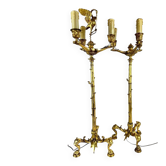 Pair of candelabra with a crane in gilded bronze, bamboo model.