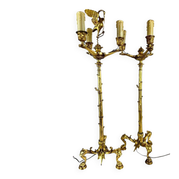 Paire de candélabres en bronze doré, modèle bambou