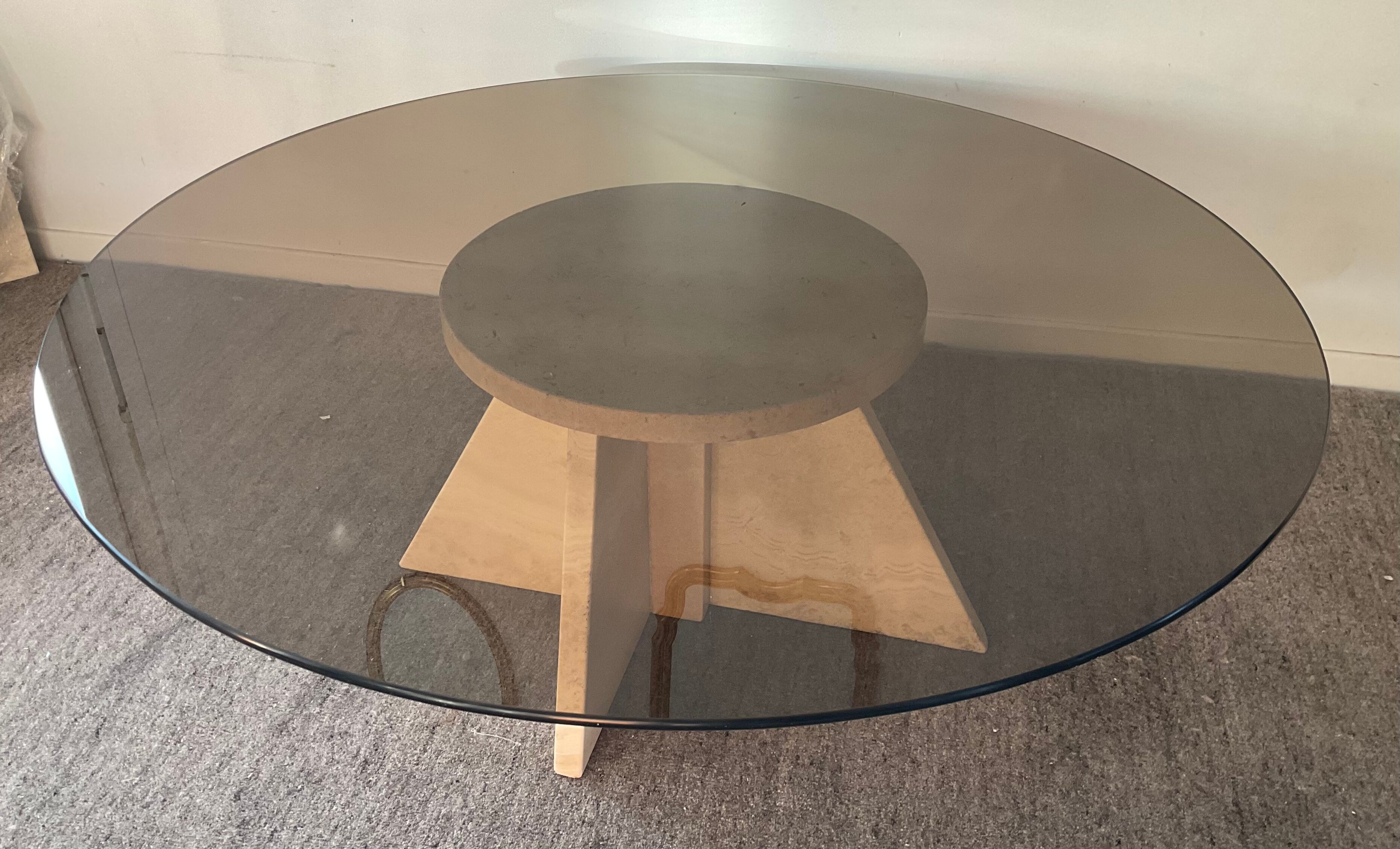 Vintage coffee table in travertine and smoked glass 70s
