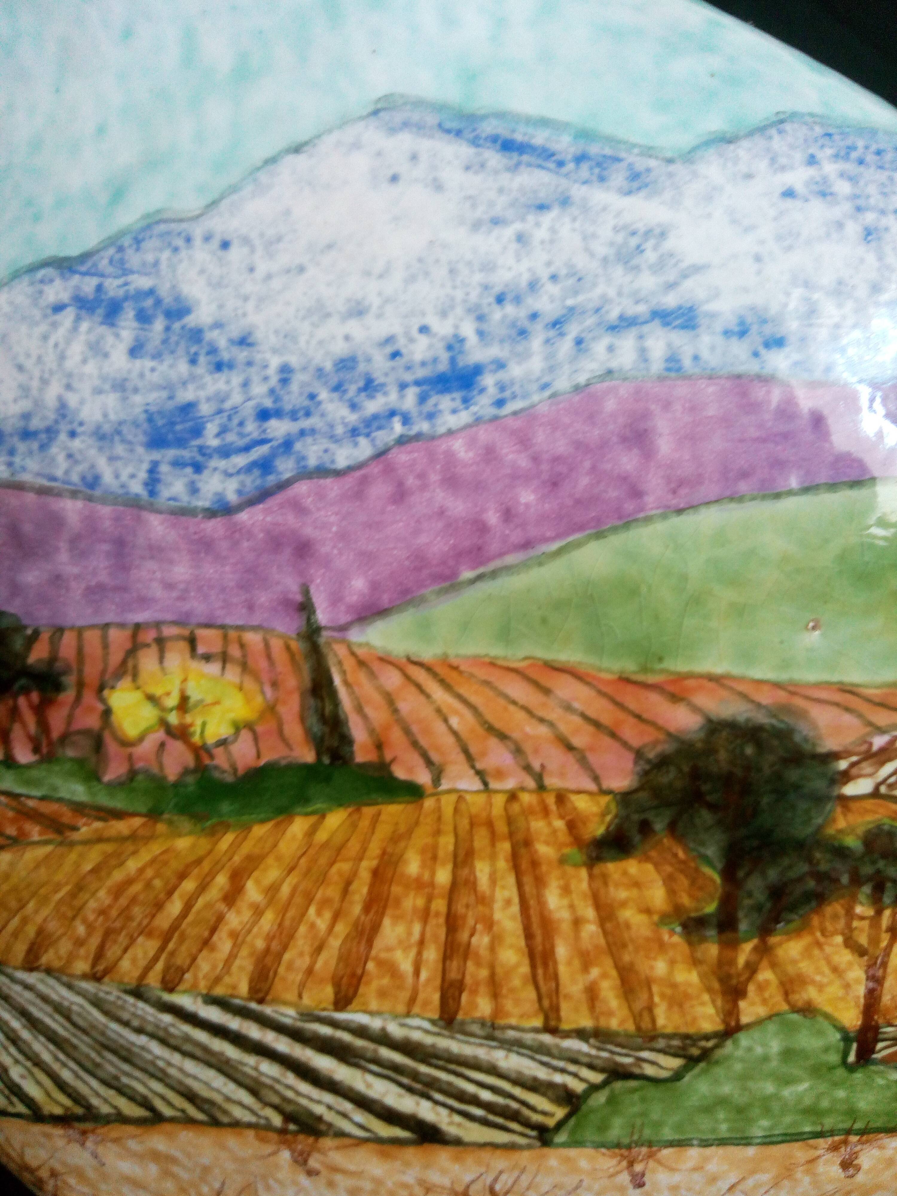 Vase Art Déco en grès, peint à la main d'un paysage champêtre