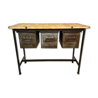 Industrial worktable with three iron drawers, 1960s