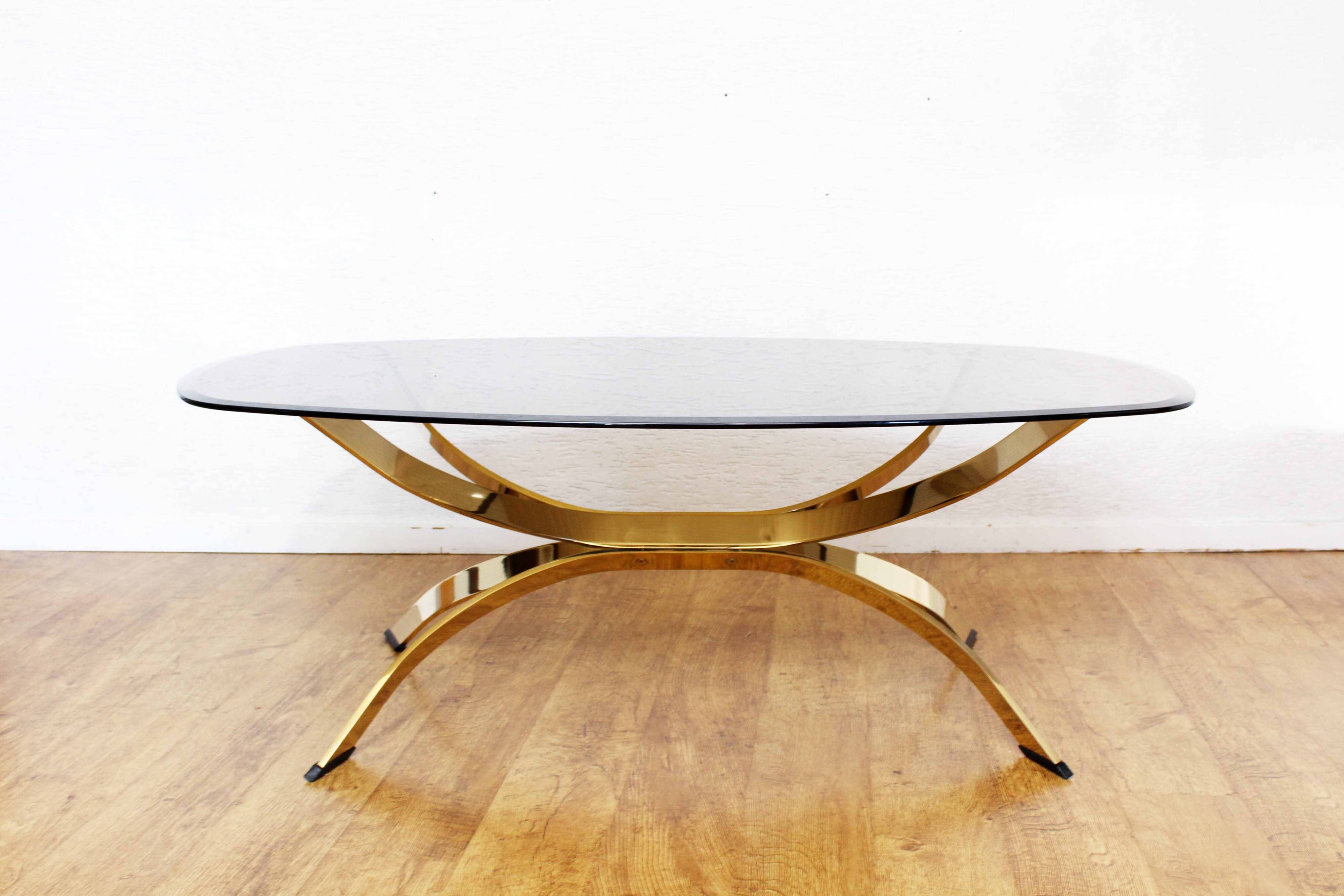 Italian coffee table in smoked glass and brass