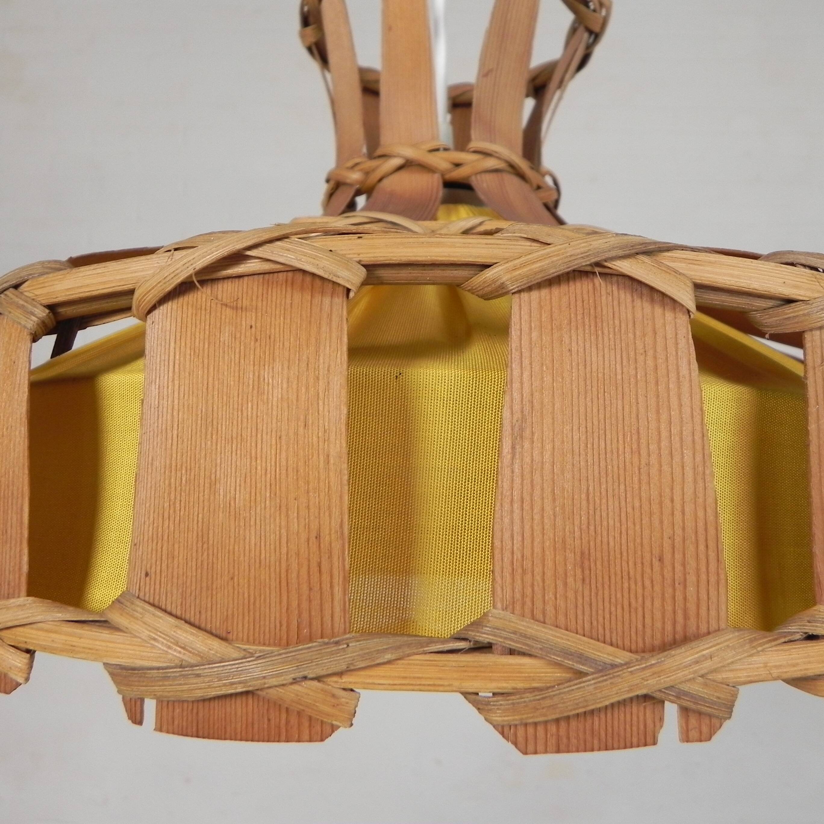 Vintage hanging lamp with rattan shade, palm leaf and fabric, 1970s