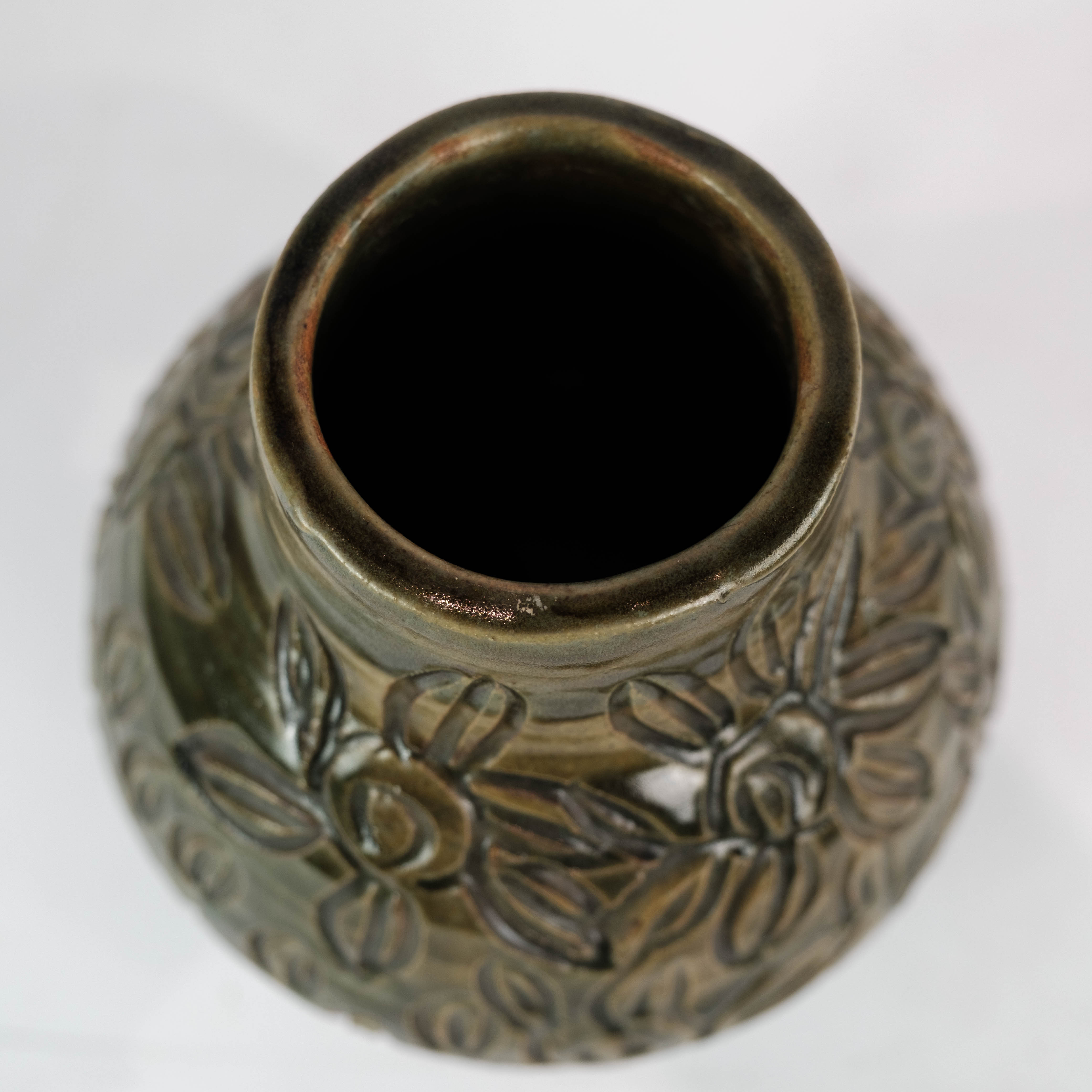 Ceramic vase with dark glaze and floral pattern of unknown Danish artis, 1960s