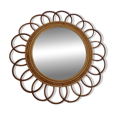 Miroir ''fleur'' en rotin et bambou, années 60-70