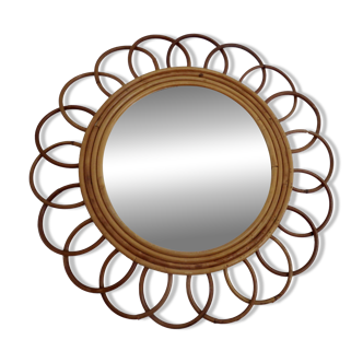 Authentic "flower" mirror in rattan and bamboo, 1960s 70s.