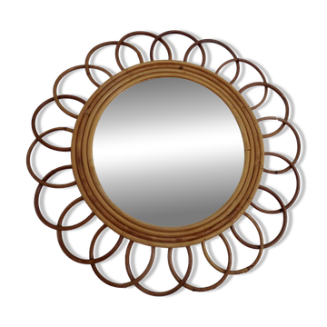 Authentic "flower" mirror in rattan and bamboo, 1960s 70s.