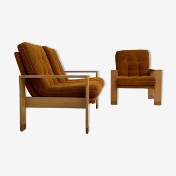 Wooden vintage lounge set in orange corduroy