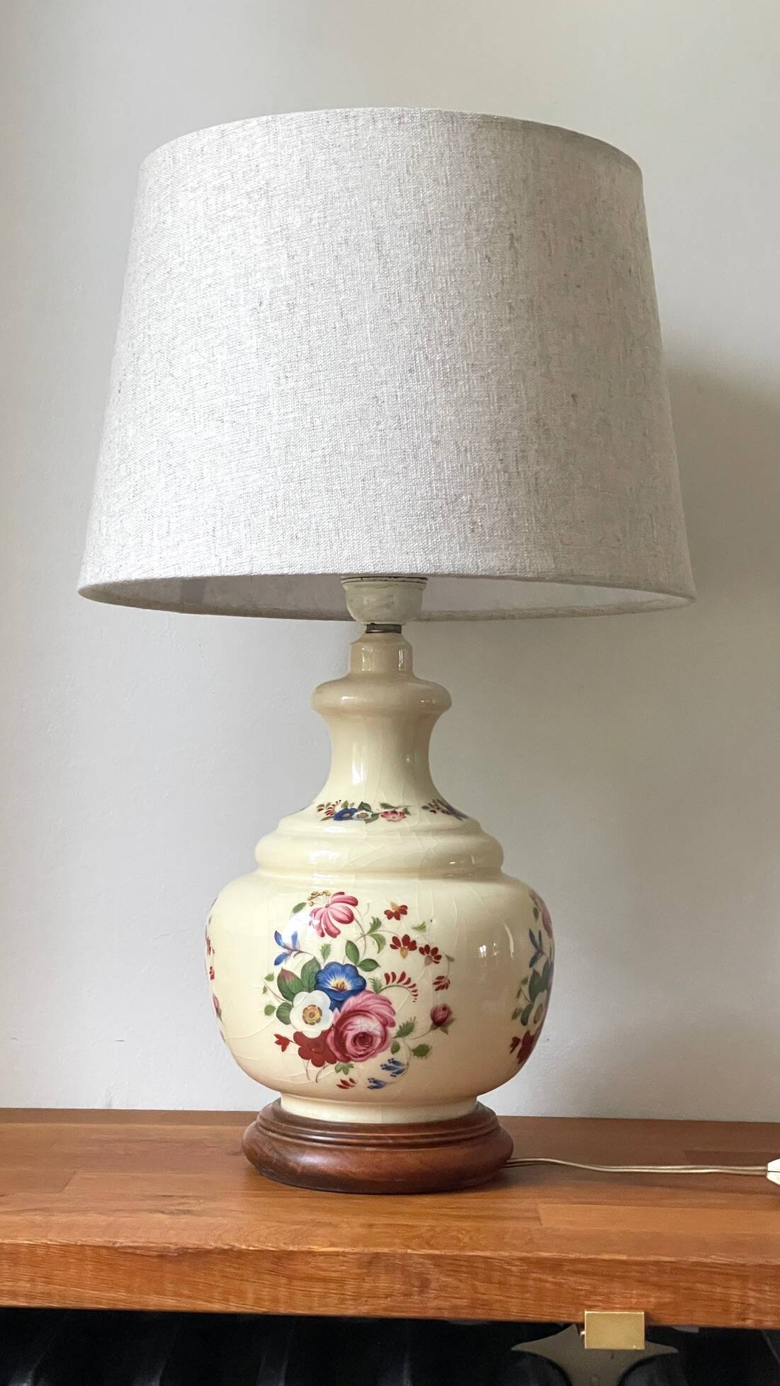 VINTAGE Ceramic Lamp with Wooden Base