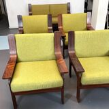 Set of four armchairs and a sofa in wood and green fabric, Italy 1960s