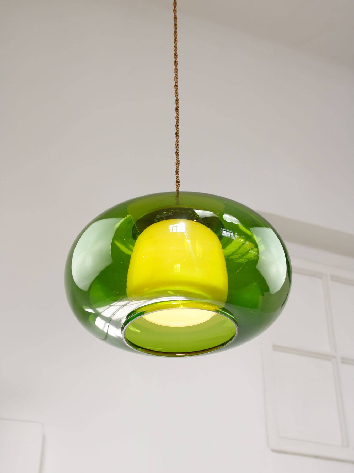 Mid-Century Italian Green Glass & Brass Pendant Lamp, 60s