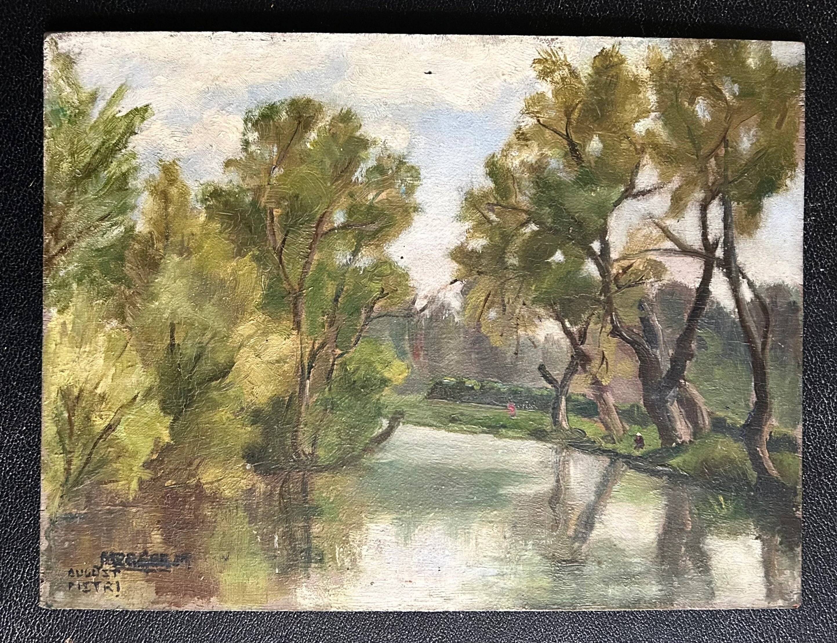 Vintage Landscape Oil Painting with Trees and Lake