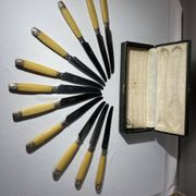 11 couteaux art déco, Bakélite et plaqué argent dans un coffret