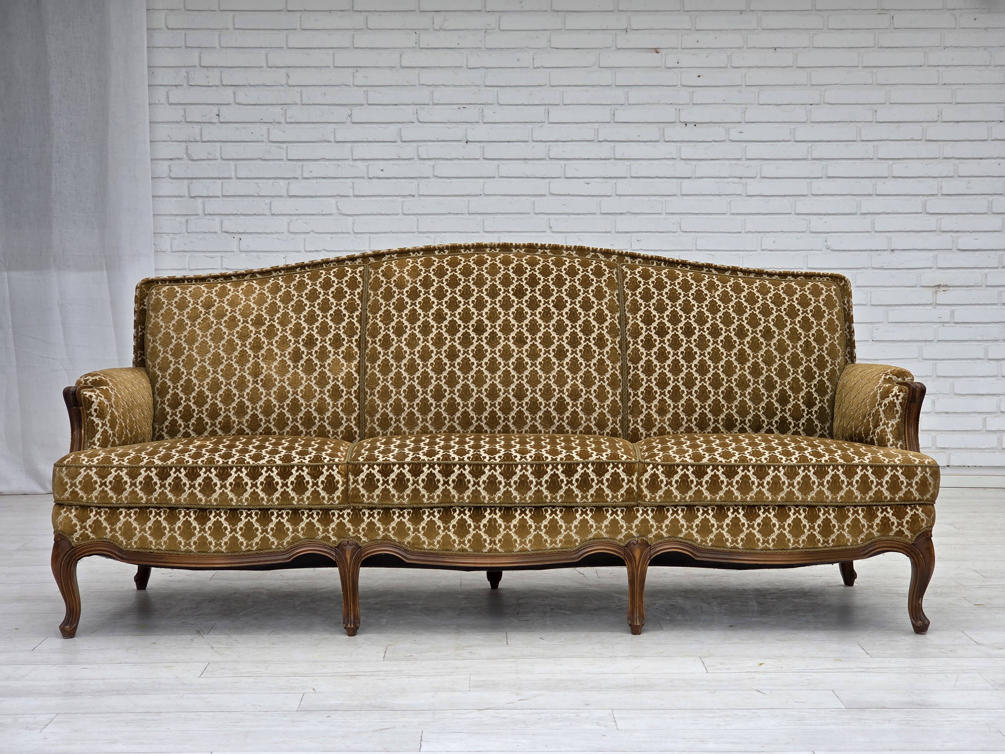 1950s, Danish 3-seater sofa, furniture velour, carved ash wood.