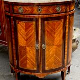 Louis XVI style chest of drawers with marquetry and marble top.