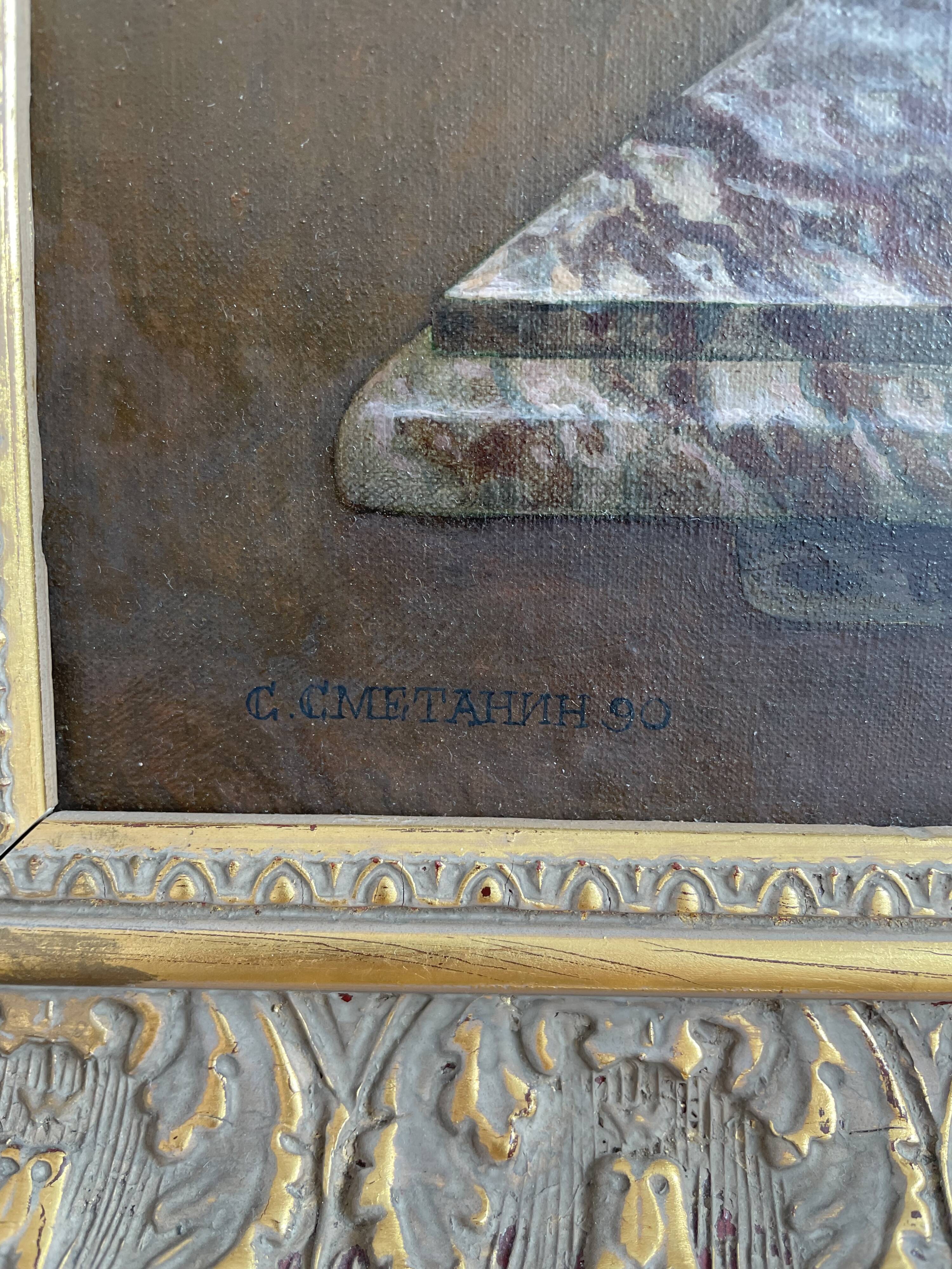 Oil painting, sergei smetanin, still life with marble vase, signed, gilded wood frame, russia