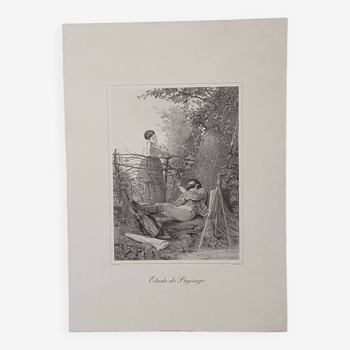 Gravure ancienne Etude de paysage - Edmond-Adolphe Rudaux