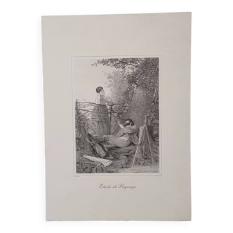 Gravure ancienne Etude de paysage - Edmond-Adolphe Rudaux