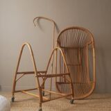 Vintage rattan cradle bassinet on wheels retro Scandinavian design baby bed