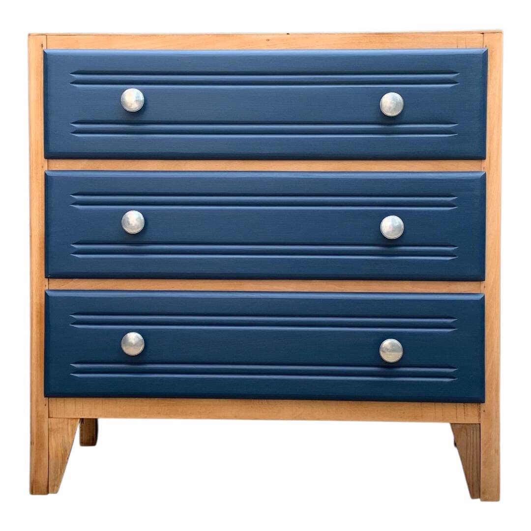 Art Deco chest of drawers in raw wood and blue, 1940