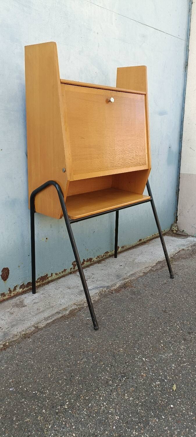 Vintage light oak secretary desk with metal base