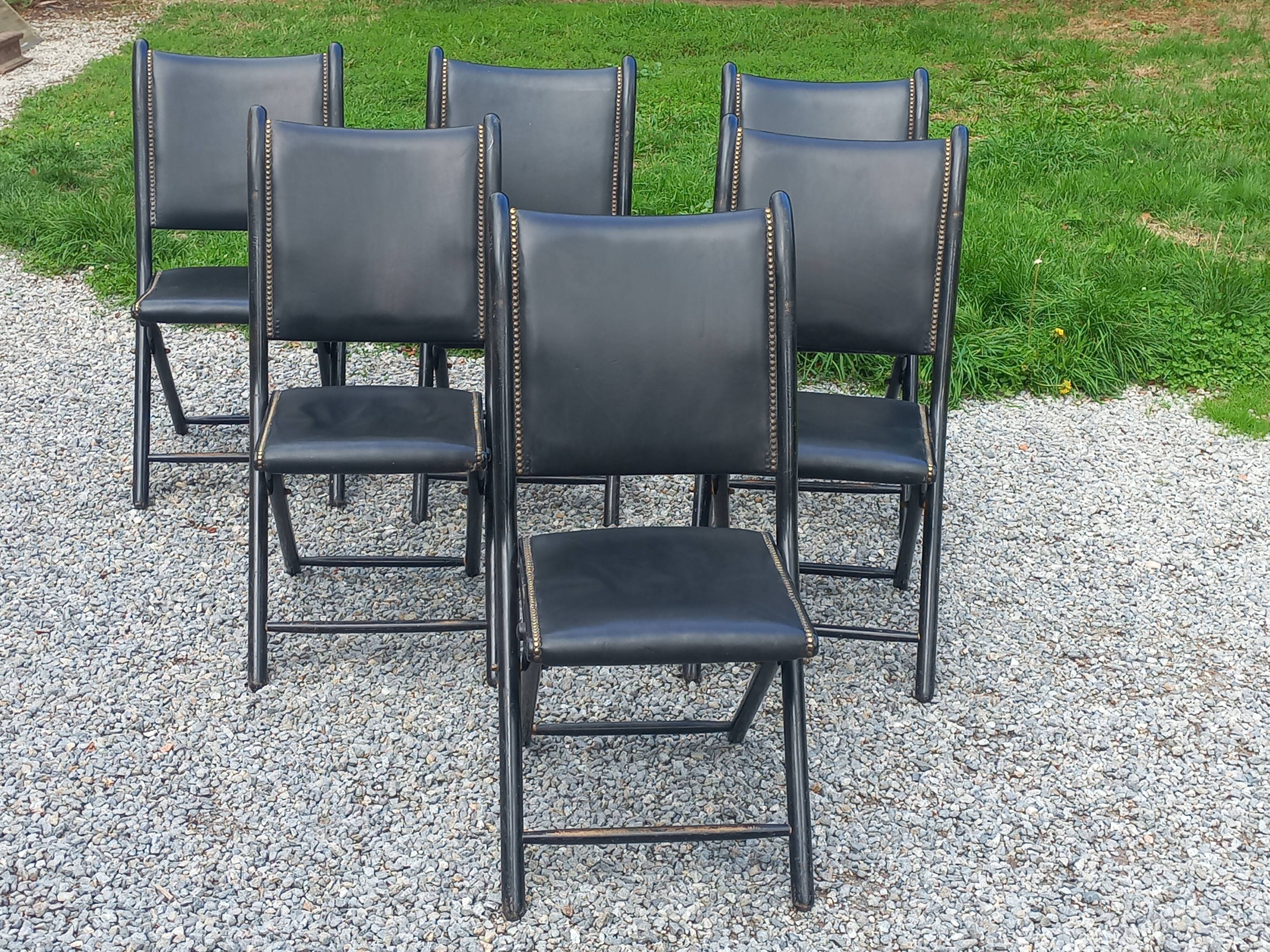 Set of 6 folding chairs, 70s design, 3 leather, 3 moleskin