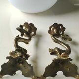 Pair of neoclassical torchlight candlesticks, koi carp, feng shui. in gilded bronze