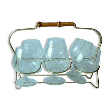 6 verres à cognac sur un plateau en laiton, années 1950