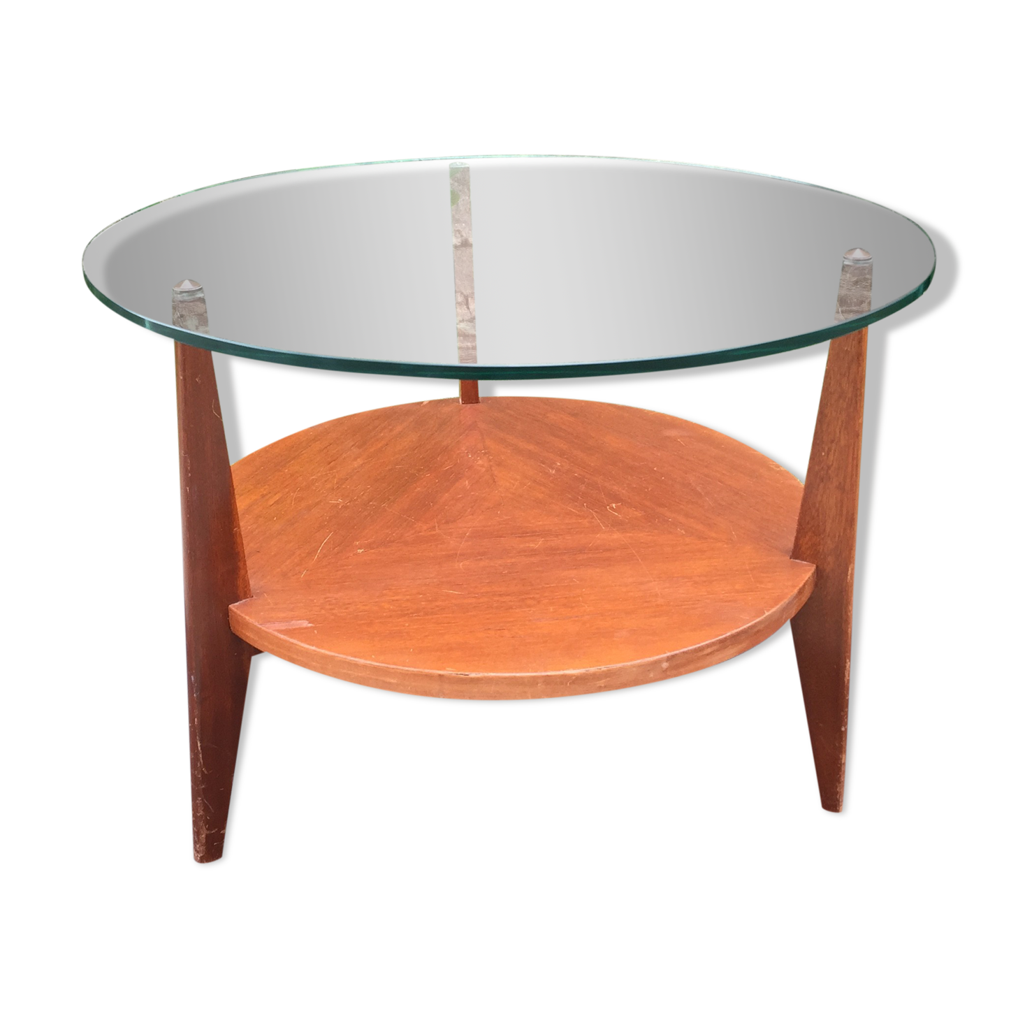 Vintage coffee table round compass legs top in glass and teak wood
