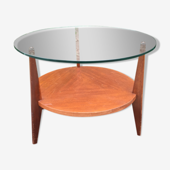 Vintage coffee table round compass legs top in glass and teak wood