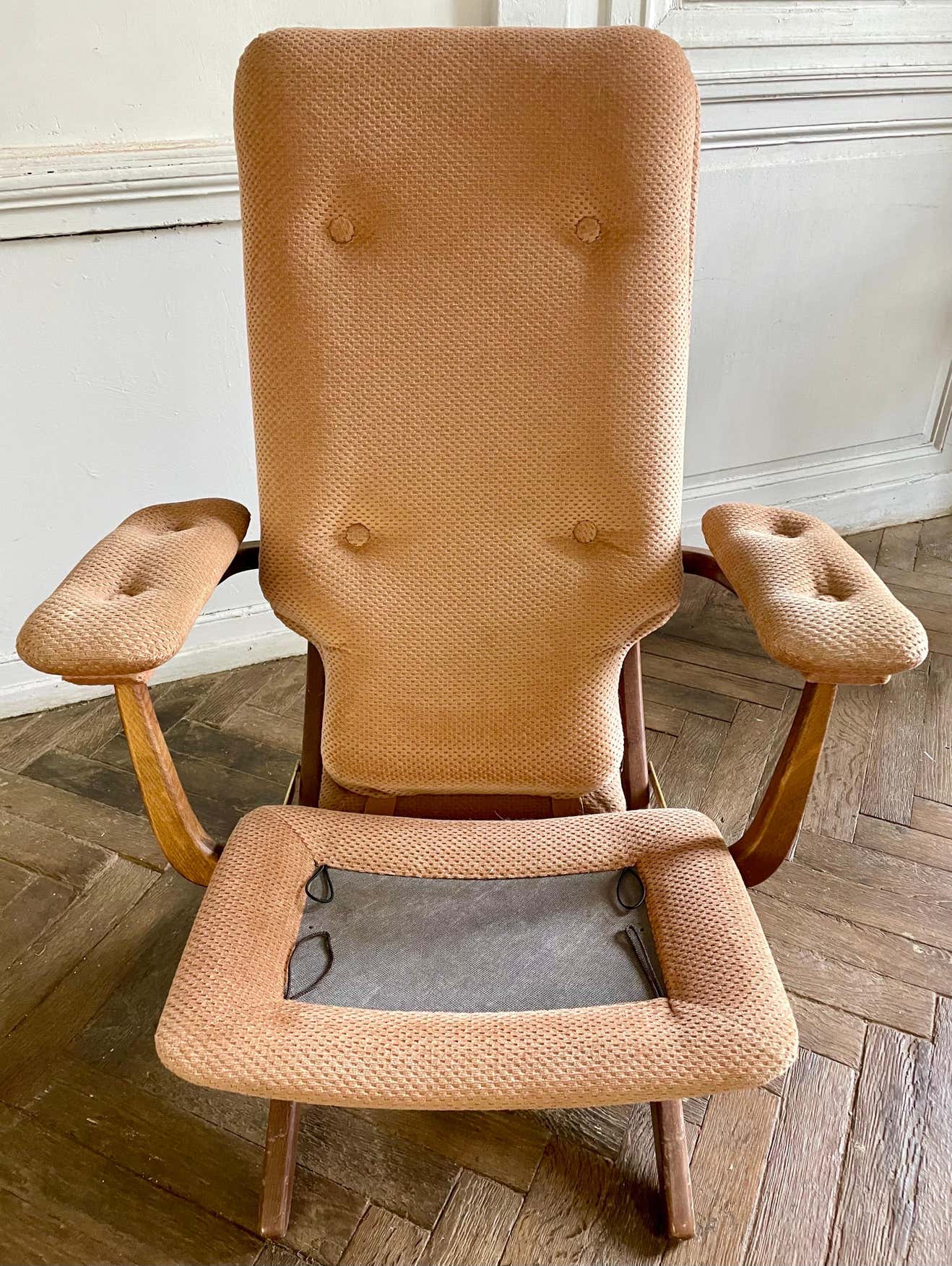 Folding armchair relax vintage wood and velvet with armrests - 70's