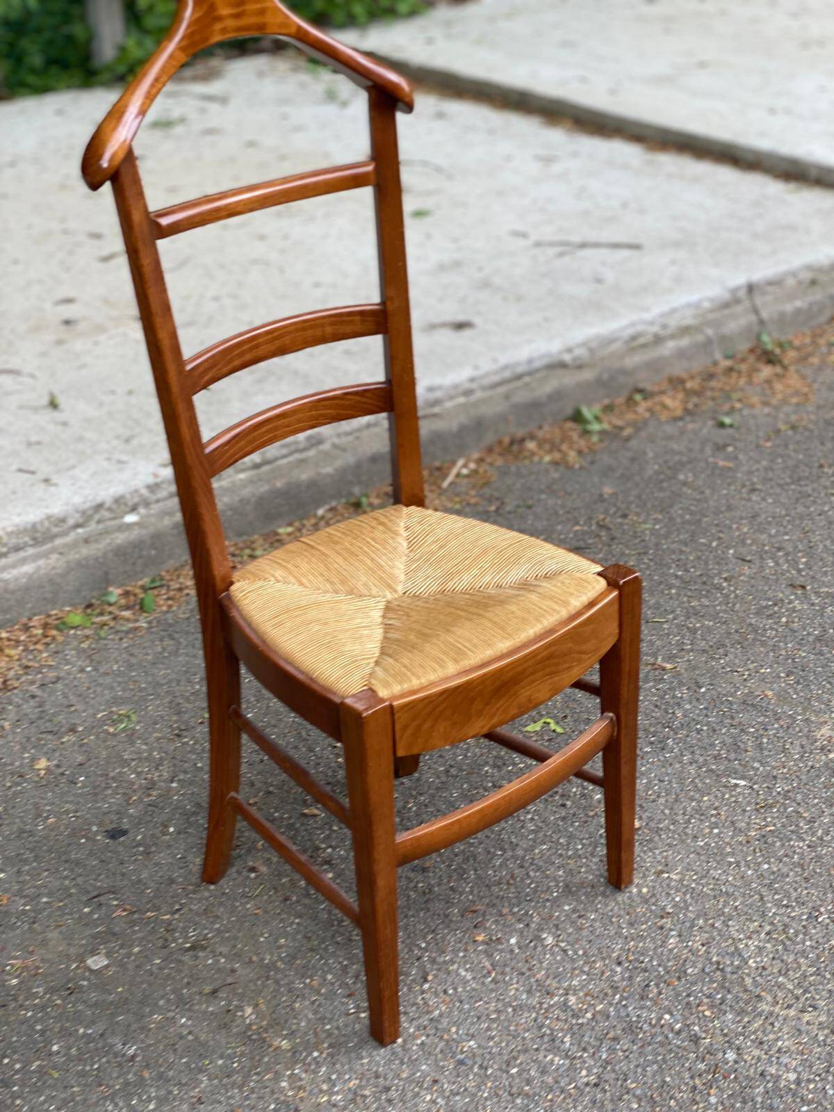 Solid wood and straw valet chair with hanger and drawer