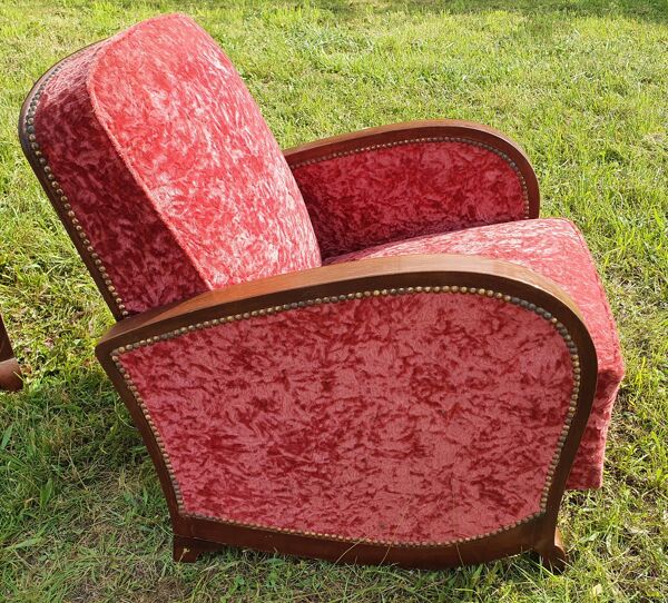 2 Fauteuils Art Déco En velours Rouge Et Bois
