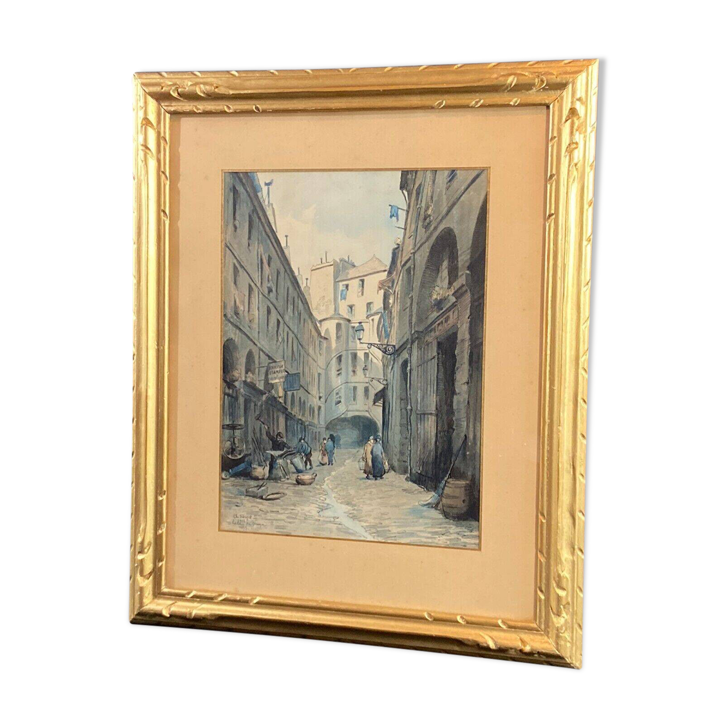Aquarelle signée Charles Forget (1886-1960) La cour du dragon 1925 Paris VIème